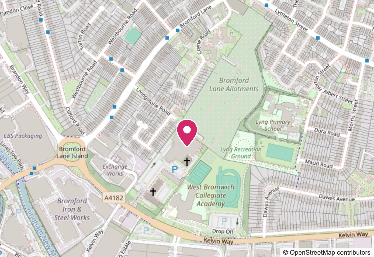Map showing Bethel Convention Centre off Kelvin Way (A4182), West Bromwich, beside West Bromwich Collegiate Academy. Opens Google Maps in a new tab.